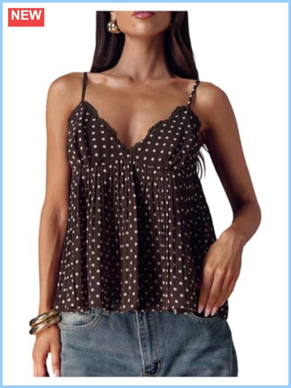 Women's Polka Dot Babydoll Peplum Top Lace Trim Sleeveless V-Neck Summer Cami